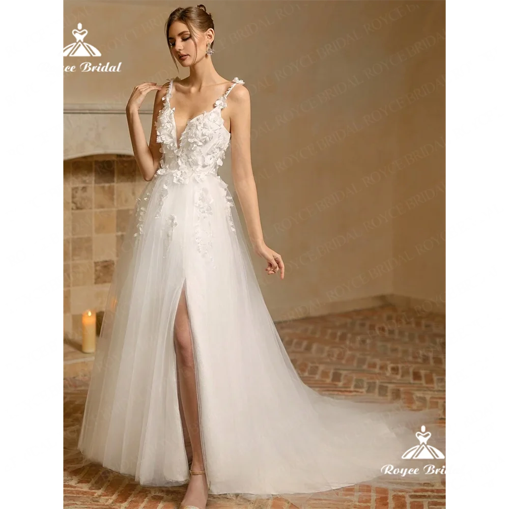 Roycebridal-vestido de novia acampanado con cuello en V, traje de boda con abertura lateral de encaje, corte en tren, 2025