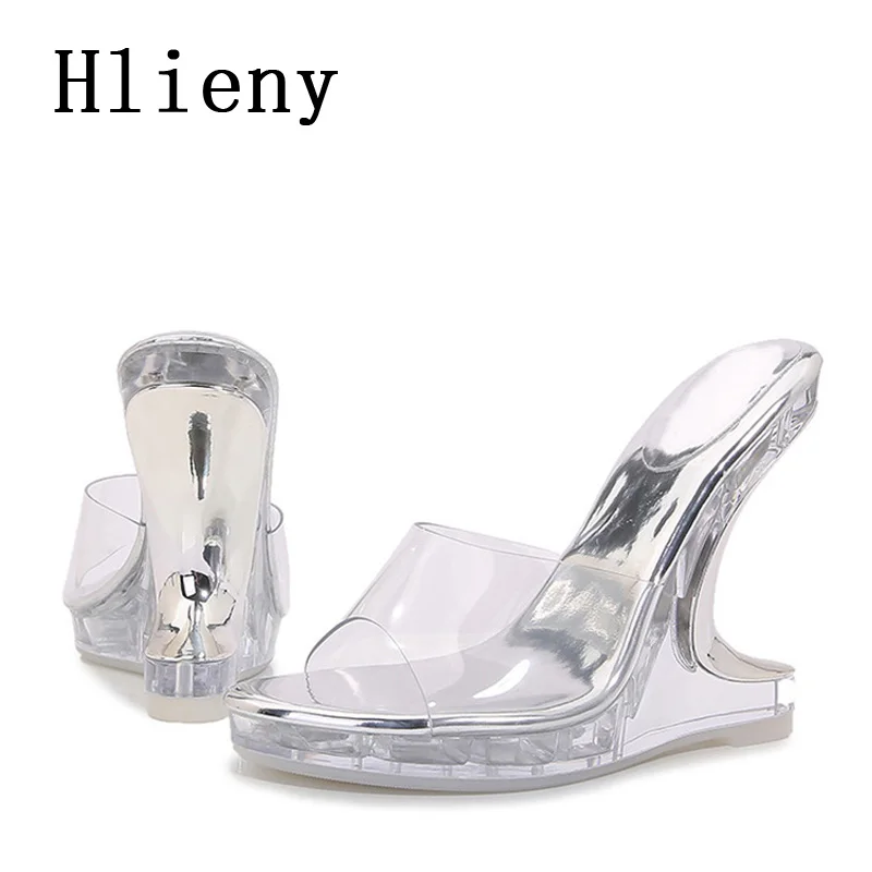 Hlieny New Design dziwne koturny kapcie Peep Toe PVC przezroczyste buty damskie letnie moda pokazuje wysokie obcasy sandały na platformie