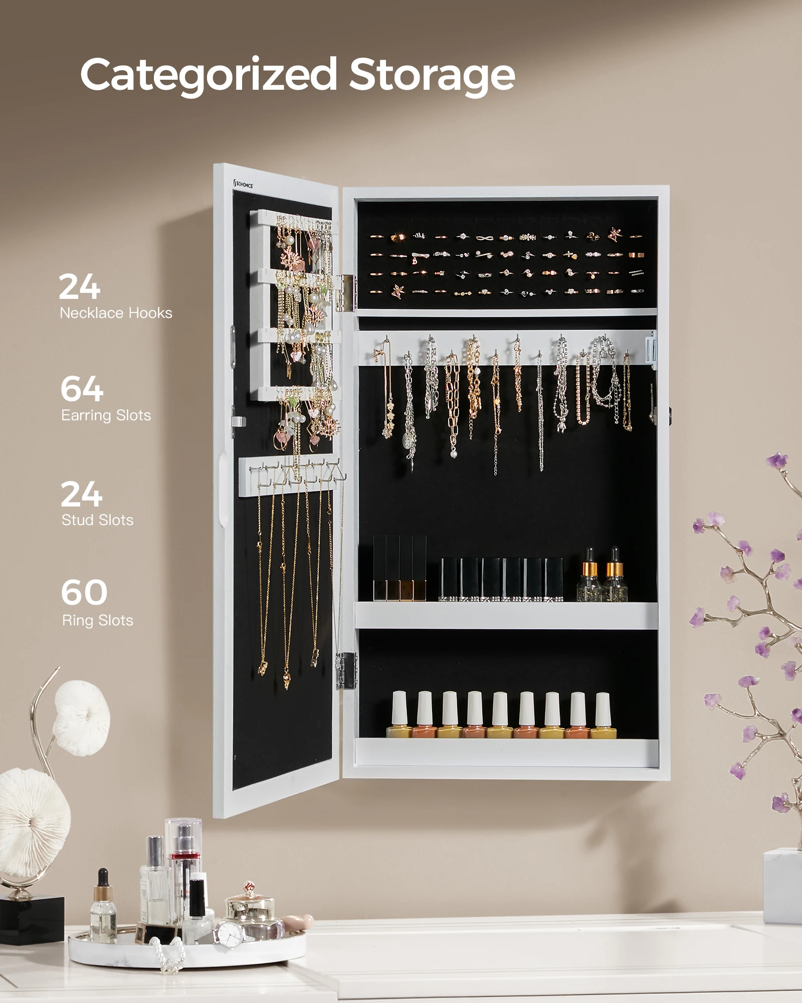 SONGMICS Lockable Jewelry Cabinet Armoire with Mirror, Wall-Mounted Space Saving Jewelry Storage Organizer