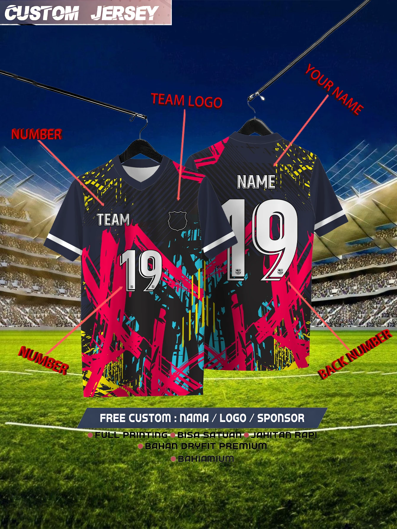 

Customized Geometric Black Short Sleeved Shirt with Team Name, Emblem, Name and Number, Outdoor Sports Short Sleeved T-shirt