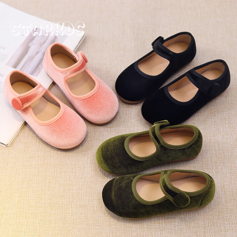 Cute Peach Pink Velvet Shoes Girls Vintage Green Velour Ballet Flats Baby Kids Spring New Soft Sole Luxury Mary Janes