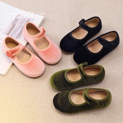 Cute Peach Pink Velvet Shoes Girls Vintage Green Velour Ballet Flats Baby Kids Spring New Soft Sole Luxury Mary Janes