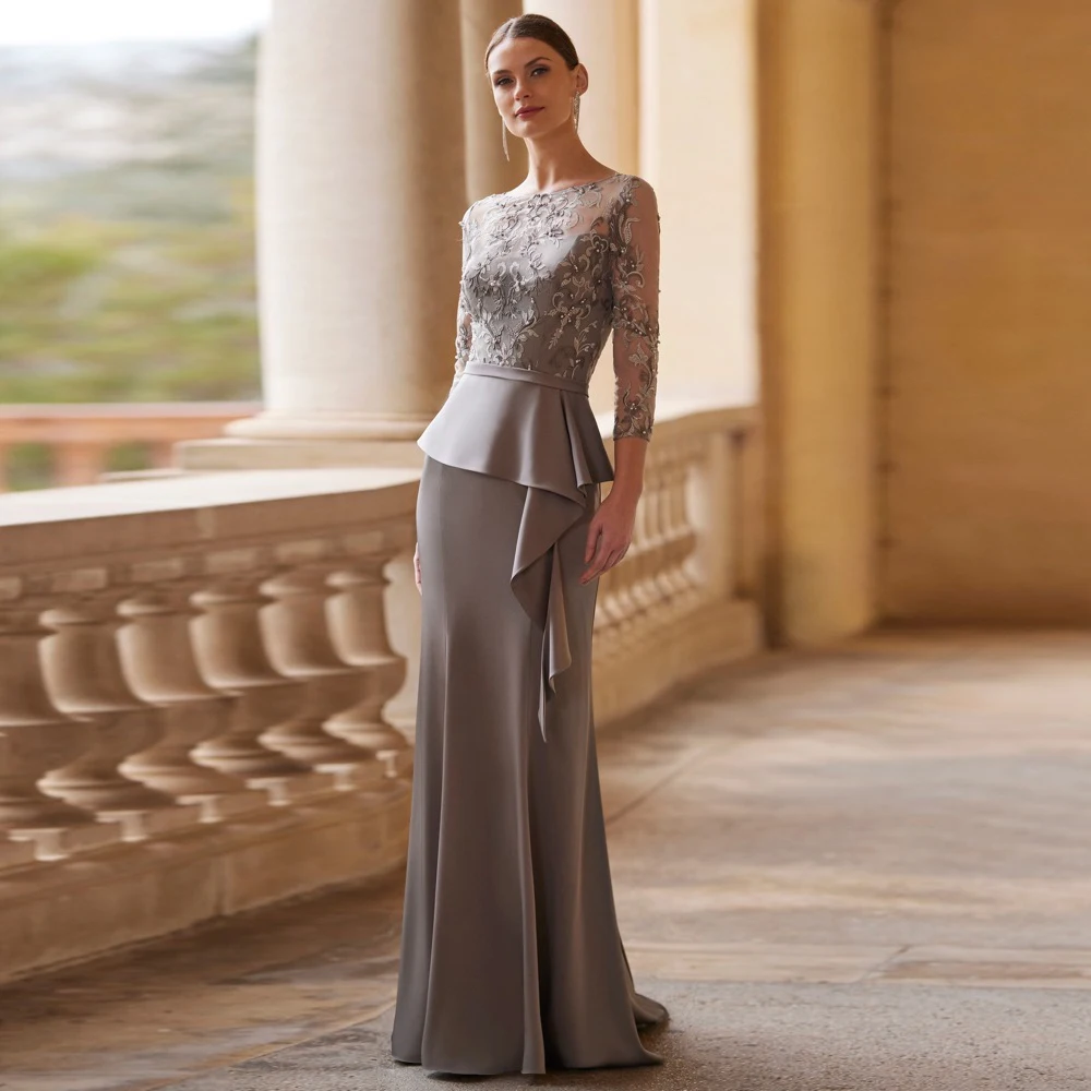 Detail Groom's Mother Dresses Jersey Sheath/Column Formal Evening Dress Grey O-Neck Embroidery Ruffles Wedding Guest Woman Dress