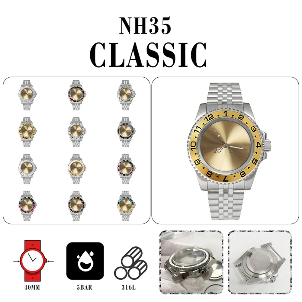 

Luxury Men Mechanical Watch 40mm Steel Case Jubilee Band Sapphire Glass SUB /GMT Bezel Gold Dial With NH35 Movement