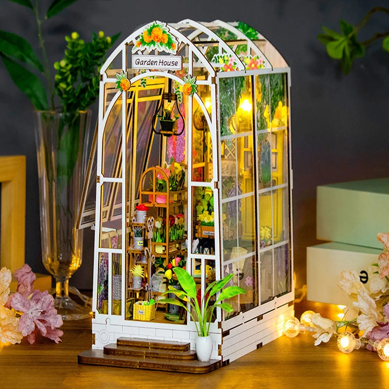 DIY Garden House Book Nook Shelf Insert Miniature Building Kits Wooden DollHouse Flower Garden Room Bookshelf with LED Lights