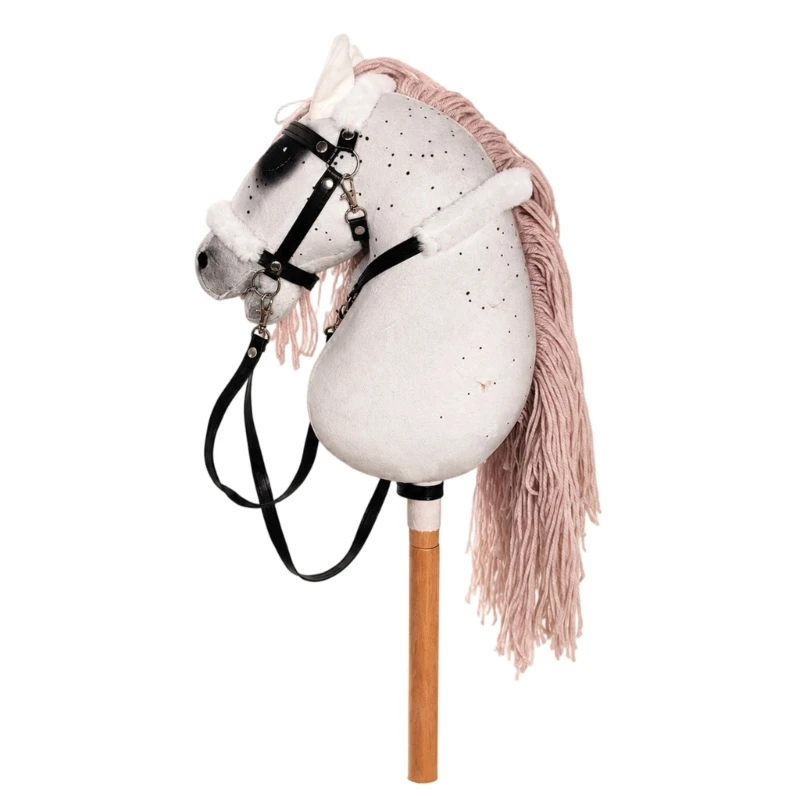 DXAE Handheld Horse Character with a White Speckled Head, Long Pink Yarn Fringe, Plush Trim, Black Bridle and Reins for