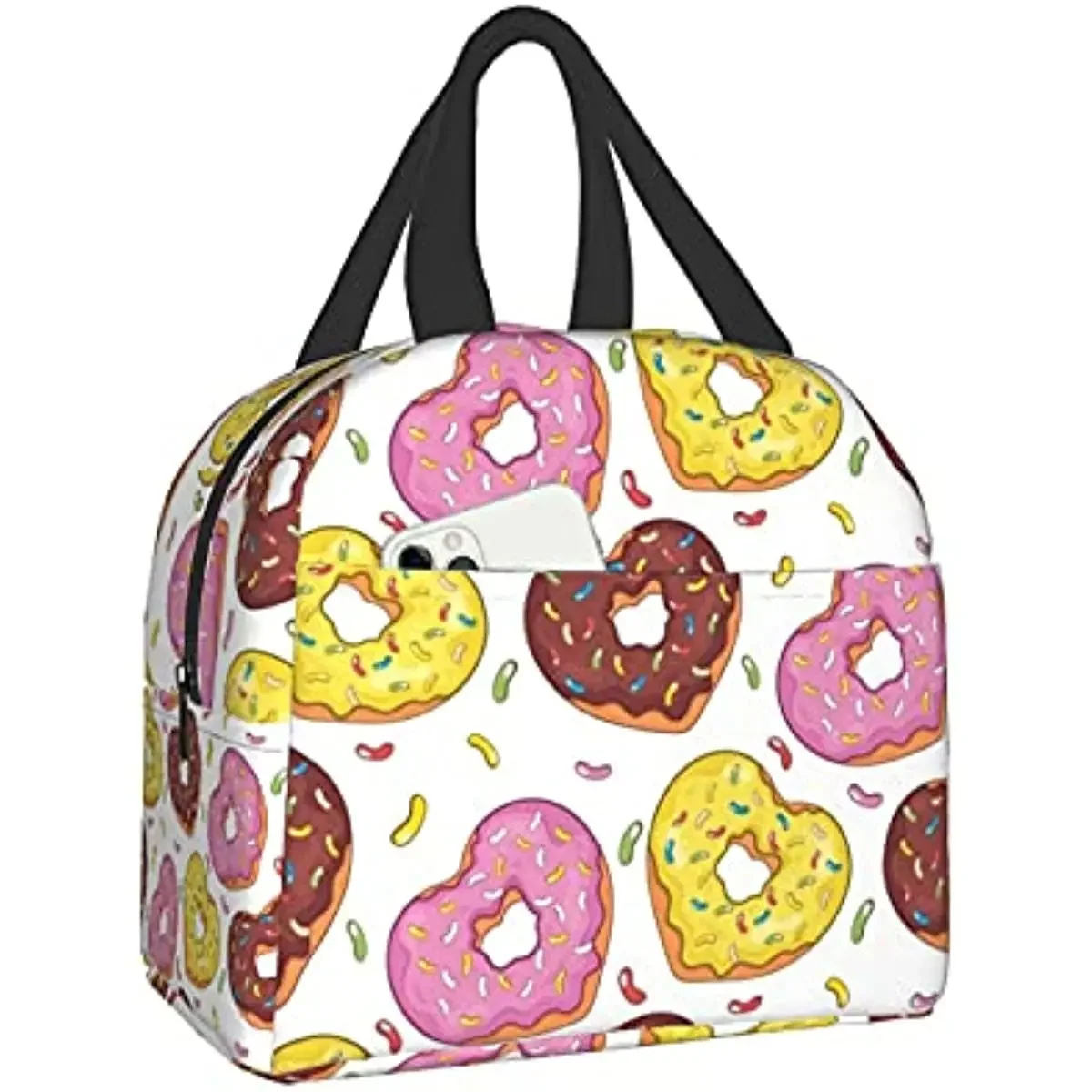 

Love Donuts Lunch Box Insulated Lunch Boxes Waterproof Lunch Bag Reusable Lunch Tote with Front Pocket for Office Picnic School