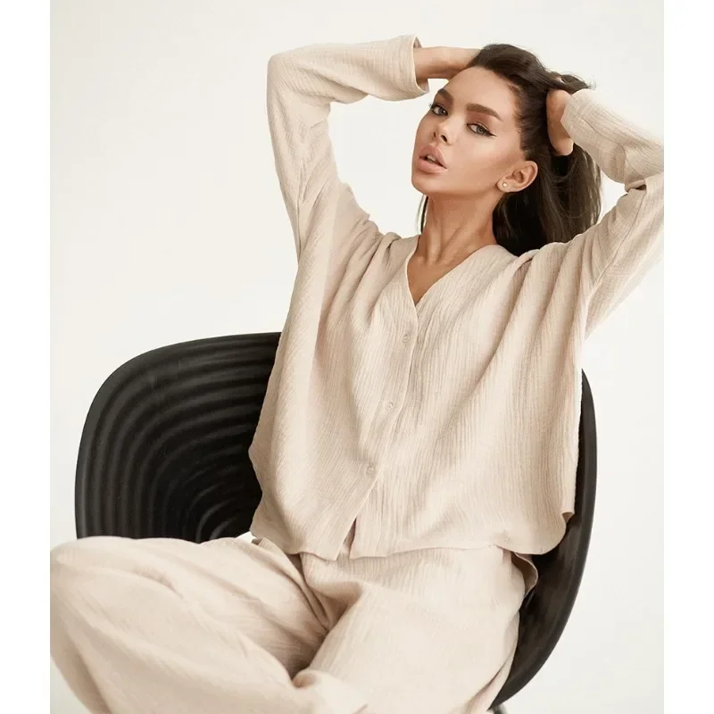 Women's Pajamas Spring and Autumn Fashion Elegant Shirt Pajamas Cotton Loose Sleeping Pants Two Sets Ladies Homewear Sleepwear