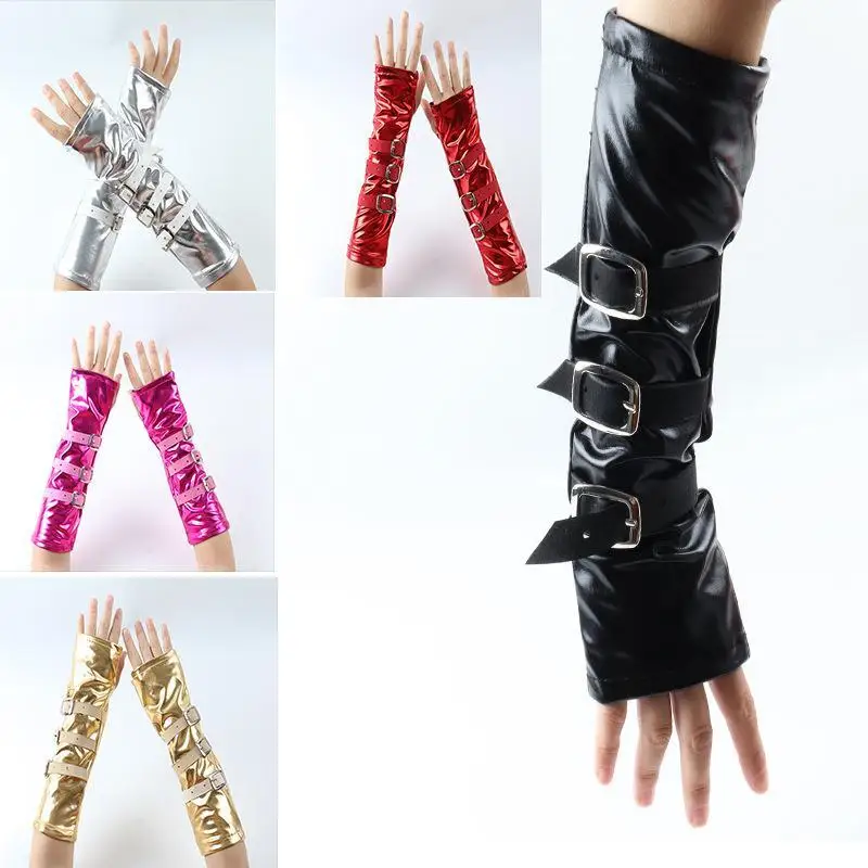 New Patent Leather Metal Buckle Lace-up Gloves, Dark Punk Gloves, Functional Half Halloween Costume Sleeves, Fashionable Gloves