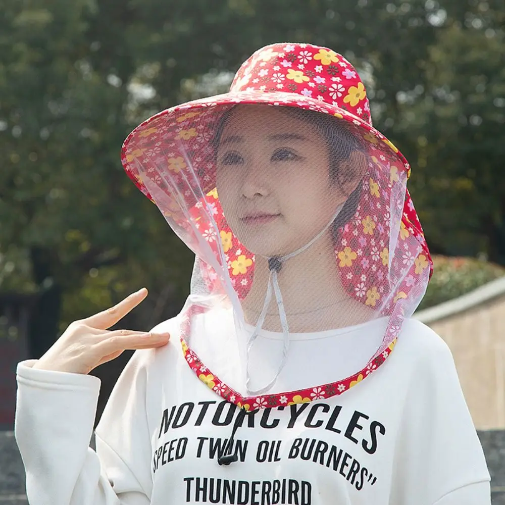 Fashion Floral Mosquito Hat Anti-UV Wide Brim Fishing Sun Cap Face Neck Protection Breathable Insect Proof Cap Summer