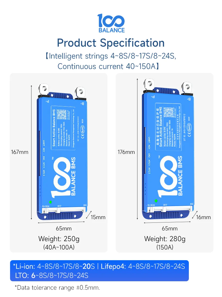 DALY100BALANCE smart active balance bms 250A 300 500A 150A 200 4s-8s 8S-17 8-24S BT40A 60A80A100A12v24V48V LCD jk Li-ion lifepo4