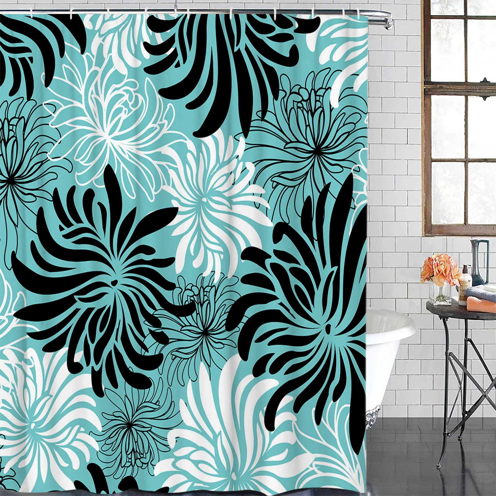 Water Green Chrysanthemum Black And White Retro Waterproof Shower Curtain Printed Bath Curtains Bathroom Decoration Accessories