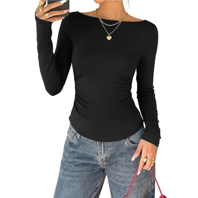 Women's Off Shoulder Side Ruched Lace Back Tie Slim Fit Long Sleeve Casual Fitted Top Black S Eco-Friendly