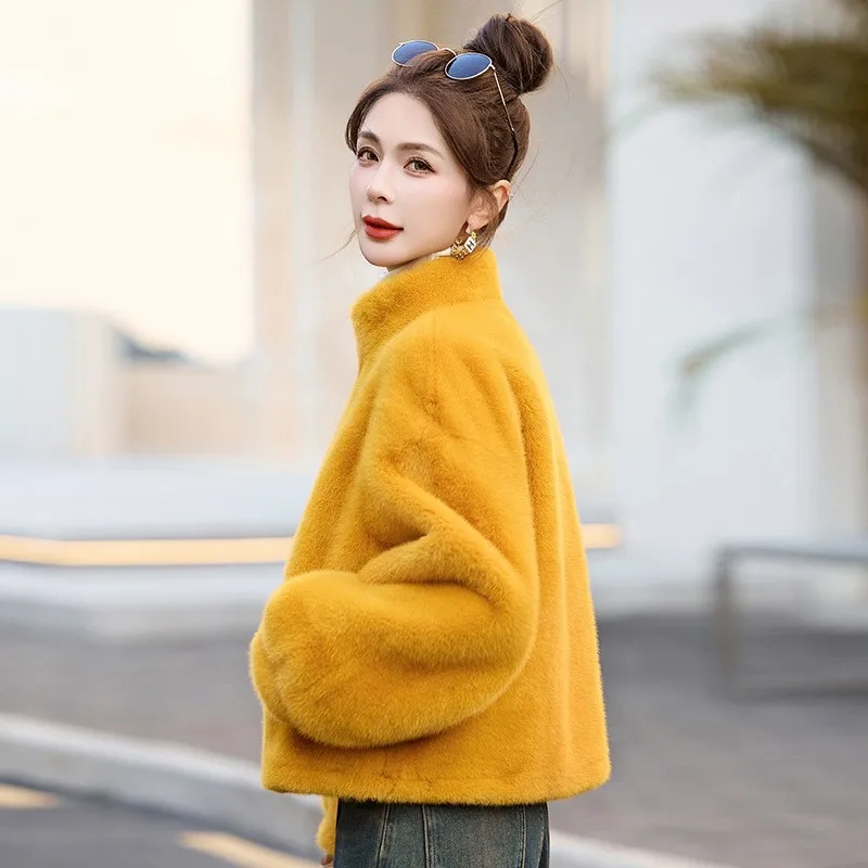 Nueva chaqueta cálida de lana similar a visón con cuello levantado para mujer, abrigos de manga larga con cremallera, abrigos de felpa cálidos sólidos con bolsillo que combinan con todo para mujer