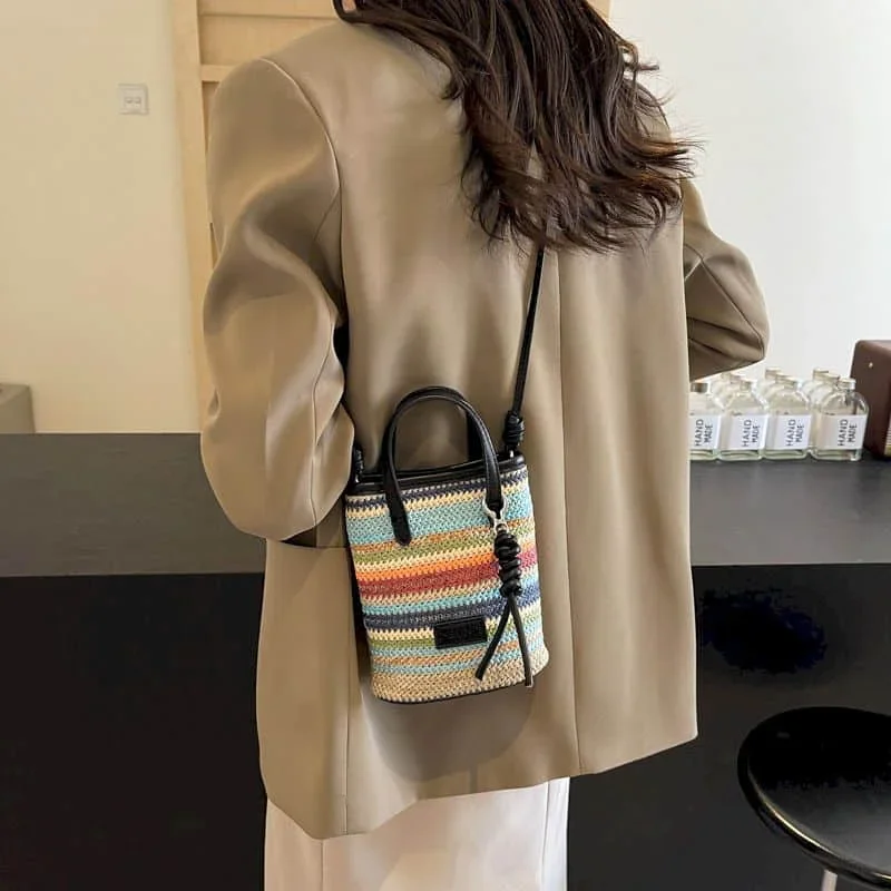 Crossbody Bags for Women Korean Style Versatile Handbags Fashionable Trend Rainbow Stripes Weave Vacation Design Bucket Bags