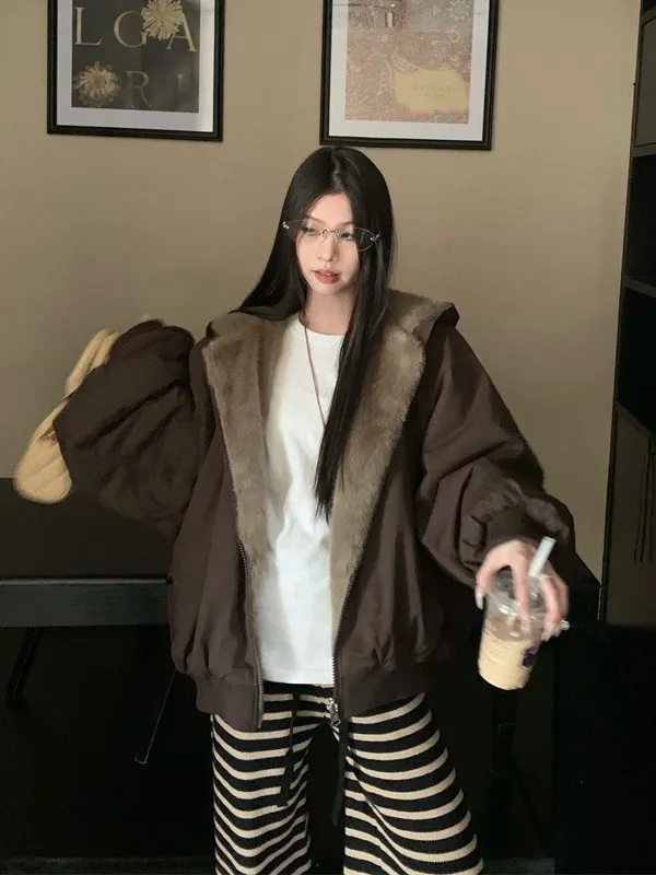 

plus Size Women's Retro American Fur Coat with Hood Double-Sided Wear Winter Warm Thiened Zipper Closure High Waist Jaet