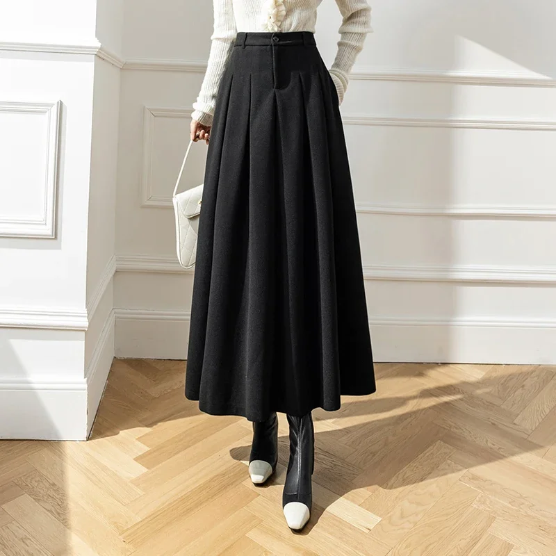 Winter Woolen Long Skirts For Women Streetwear High Waist Pleated Maxi Skirt Big Swing Folds A-Line Jupe Longues Femme