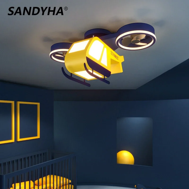 SANDYHA Cartoon Helicopter Ceiling Light Kids Room Decor LED Lamp Iron Art Small Fan Design Bedroom Lighting