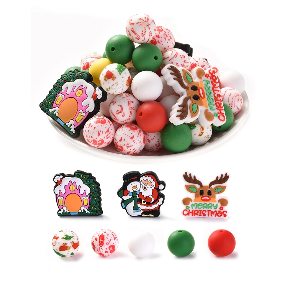 73Pcs New Christmas Silicone Beads Round 15mm Print Loose Beads Set For Beadable Pen Keychain Bracelet DIY Handmade Accessories