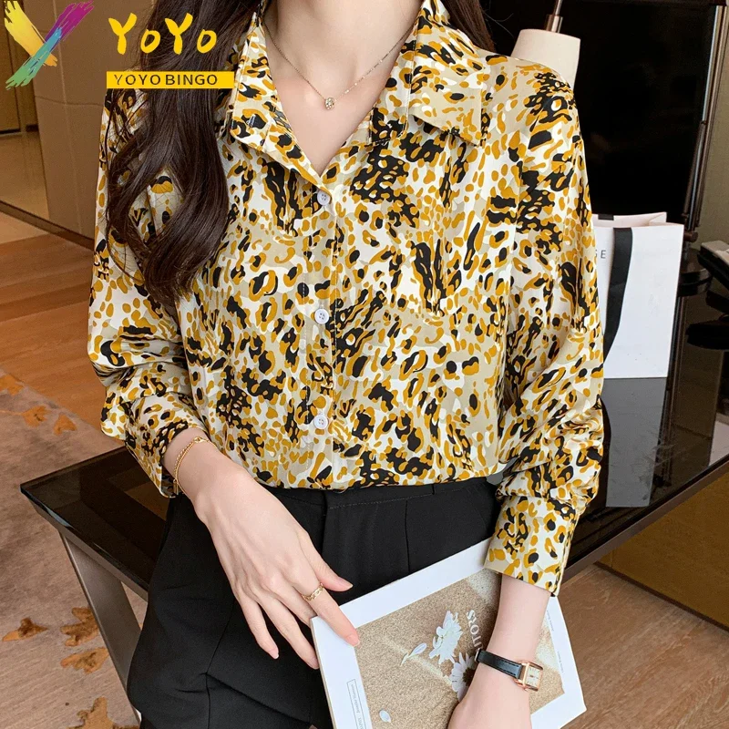 2023 Autumn/Winter Elegant Leopard Print Long Sleeve Chiffon Shirts Women New Fashion Loose Casual Office Chic Work Wear Blouse