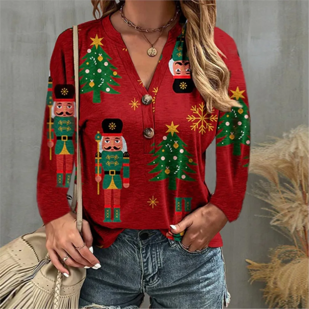 2024 Autunno Inverno Nuovo T-shirt allentata Bottone con scollo a V Albero di Natale Vacanza Casual Stampato a maniche lunghe Pullover T-shirt per le donne