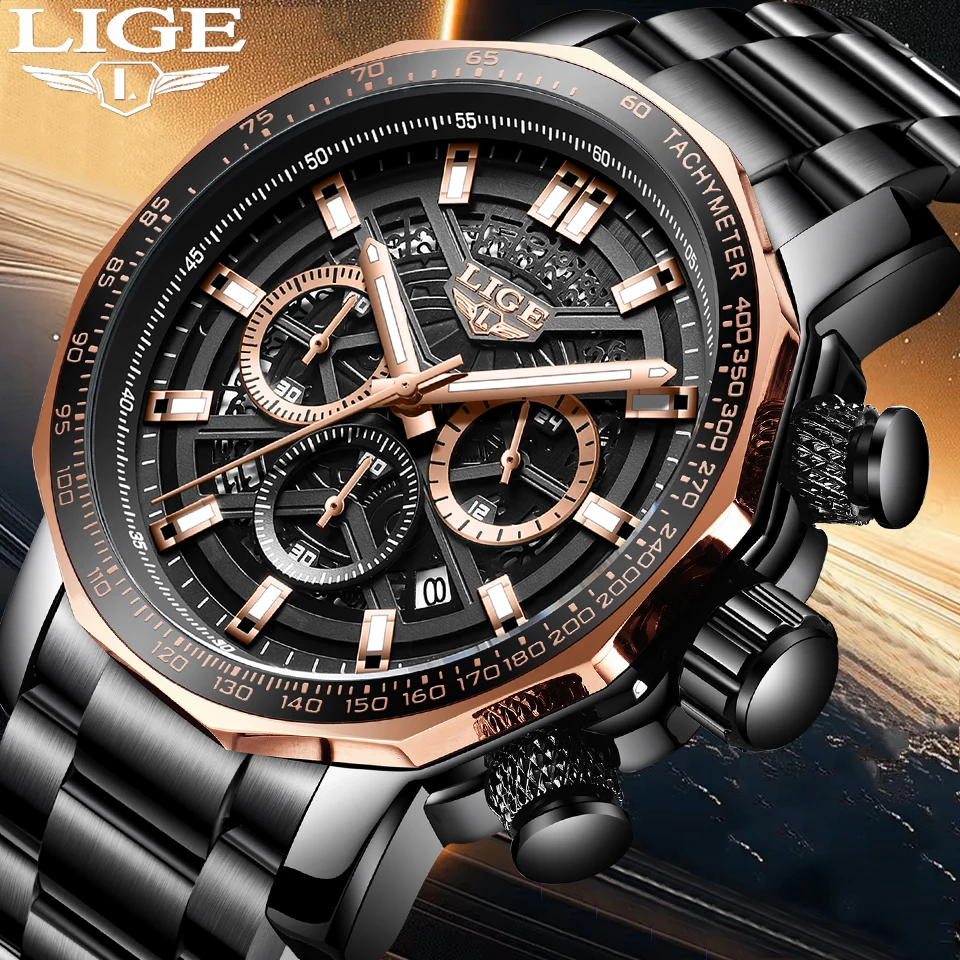 

LIGE мужские часы модные деловые часы с большим циферблатом мужские водонепроницаемые светящиеся кварцевые хронограф наручные часы для мужчин Reloj Hombre + коробка