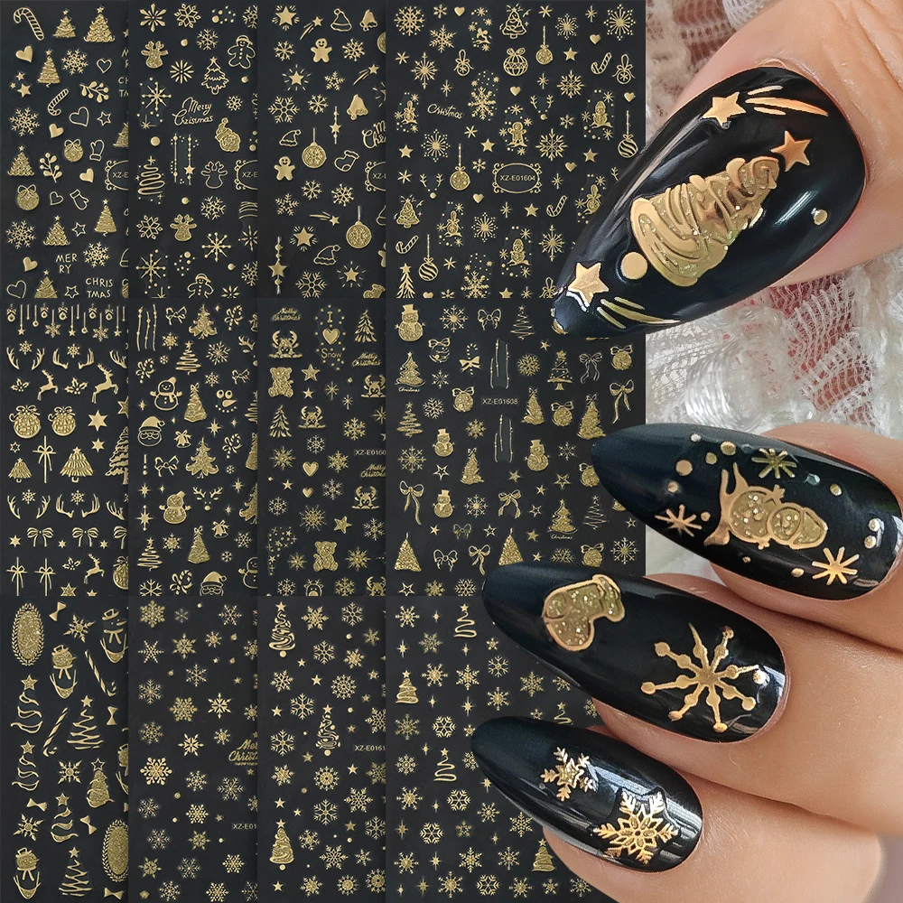 

12Pcs 3D Gloden Christmas Nail Stickers Snowflakes Pine Elk Snowman Slef- Adhesive Nail Decals Winter Xmas DIY Manicure Sliders