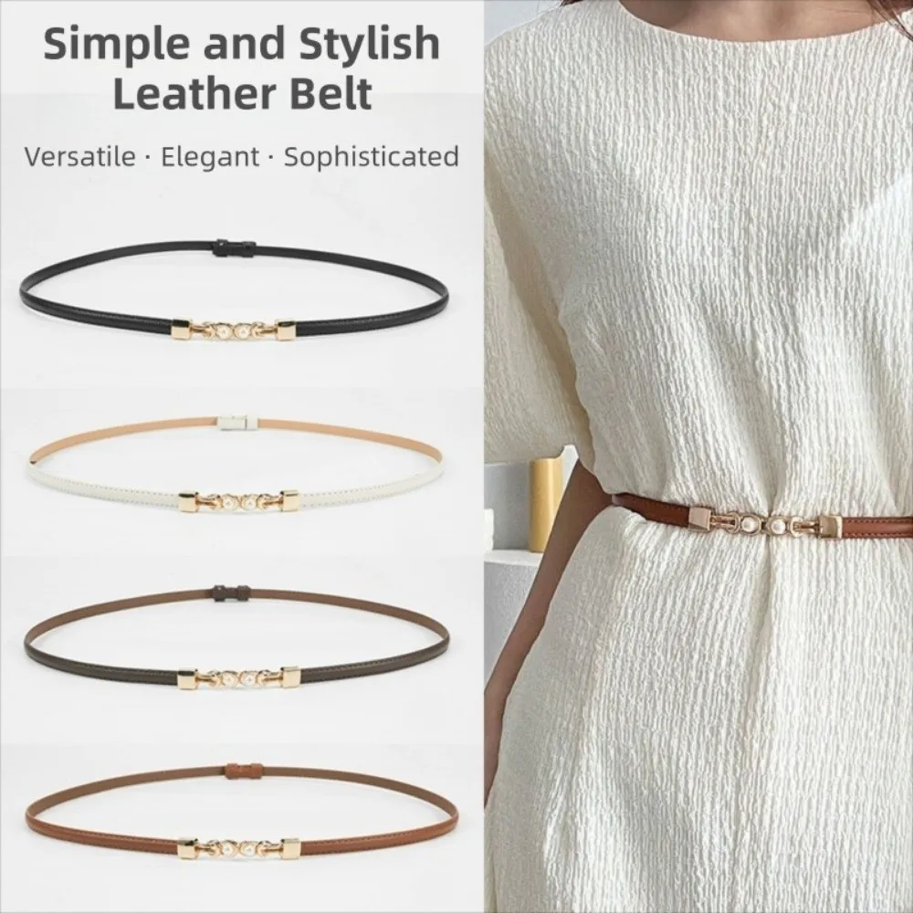 Fashion PU Leather Pearl Buckle Belt Solid Color Adjustable Buckle Thin Women Belt Simple Decorative Waistband for Dresses