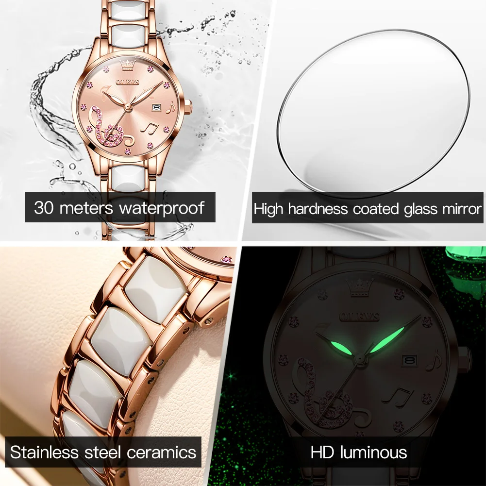 3 Stks/set Olevs Vrouwen Waterdicht Keramiek Horloge Luxe Kleurrijke Diamant Quartz Polshorloge Dames Ketting Armband Horloge Horloge Cadeau Set