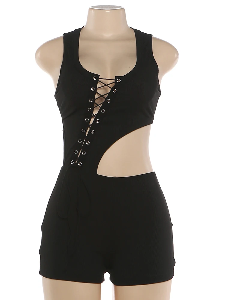 Weird Puss Sexy Hollow Playsuits Woman Summer Trend Cross Bandage Decoration U Collar Sleeveless Skinny Peach Hip Playsuits view 6