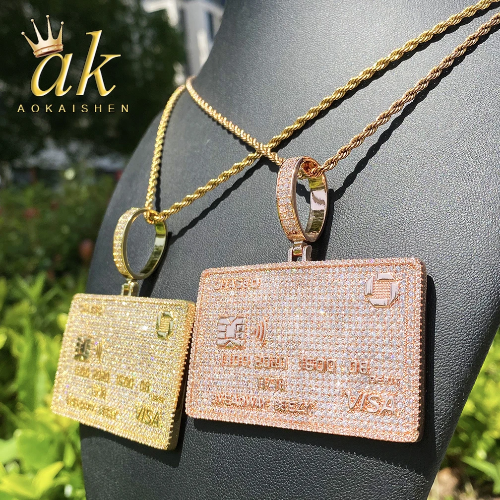 Aokaishen Iced Out Credit Card Necklace Pendant for Men Real Gold Plated 5A Cubic Zirconia Hip Hop Jewelry