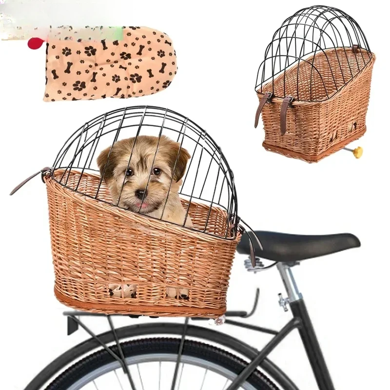 Cat Dog Bicycle Front Handlebars Pets Seat Wicker Woven Bike Small Pet Carrier Cycling Accessories Shopping Basket