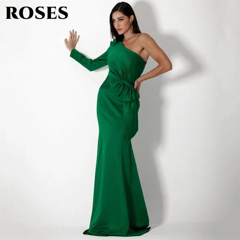 ROSES-vestido de noche fucsia para mujer, traje de sirena de manga larga con un hombro, de satén, con lazo en la cintura, para fiesta de graduación