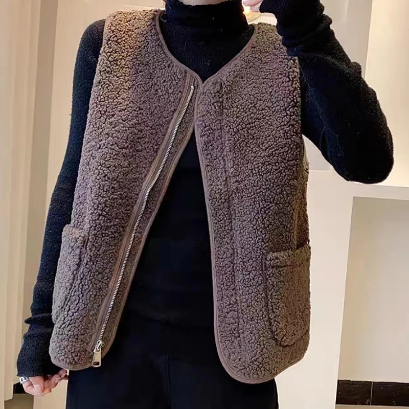 Cappotto senza maniche in pelliccia di agnello finto con cerniera autunnale da donna con tasche Cardigan Casual caldo giacche da ufficio gilet