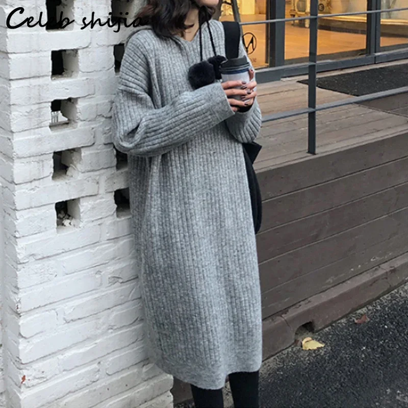 Streetwear Hood Woolen Dress Women Gray Winter Fall Loose Knitted Vestido Ladies Korean Elegant Thicken Knitwear Autumn