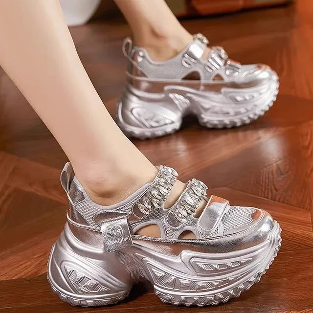 

Women's Thick Bottom Dad Shoes Summer Breathable Hollow Mesh Leather Casual Sandals Flat Heel PU Sole Mid-Calf Boots