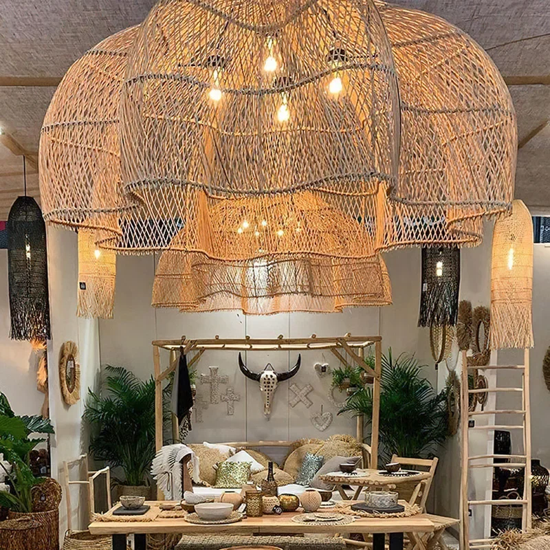 Wabi Sabi Rattan Pendant Lamp Modern Living Room Wicker Pendant Lamp Restaurant Kitchen Dining Room LED Handmade Pendant Light