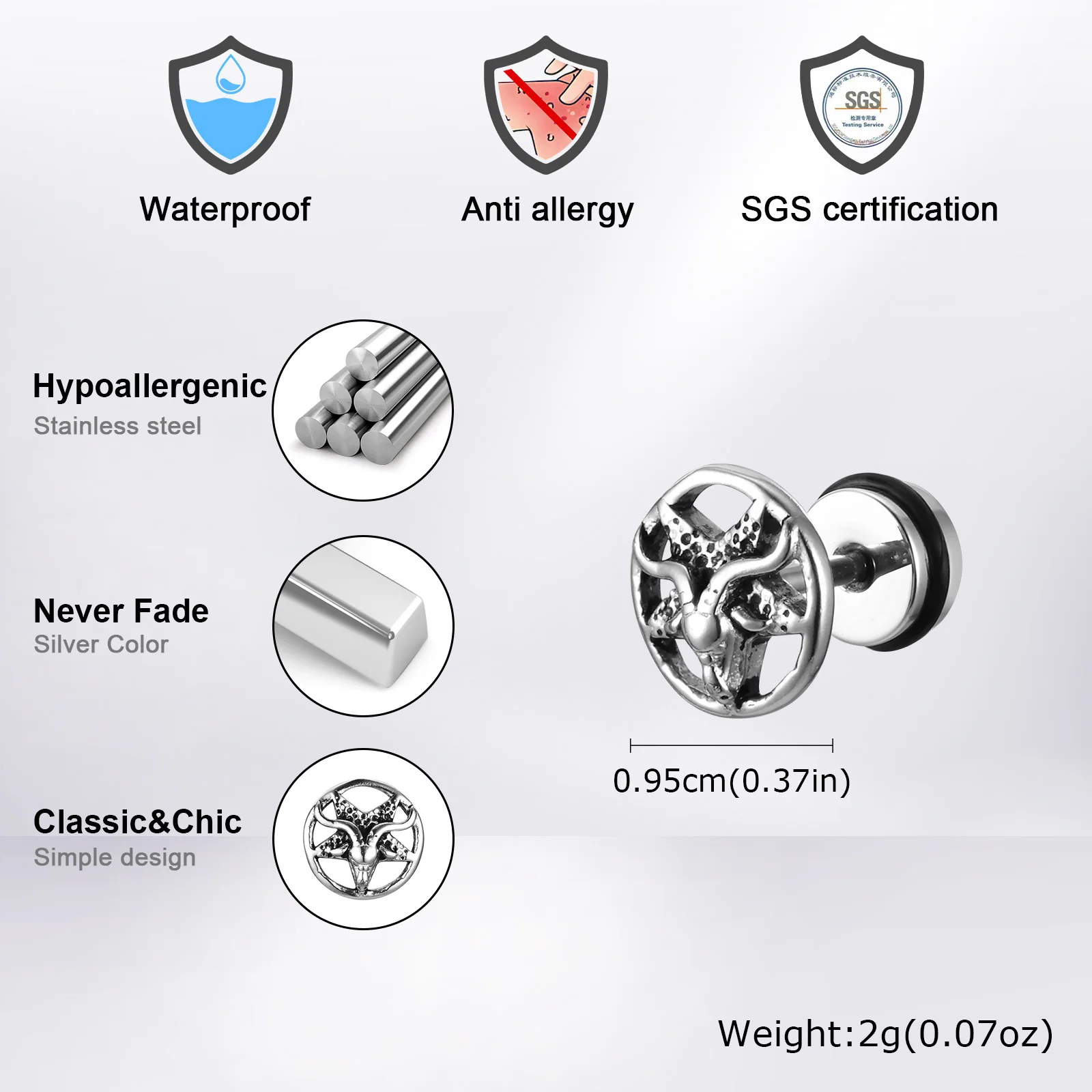 Vnox Gothic Devil Satanic Goat Satan Stud Earrings for Men Boys, Vintage Stainless Steel Star Demon Baphomet Earrings Jewelry