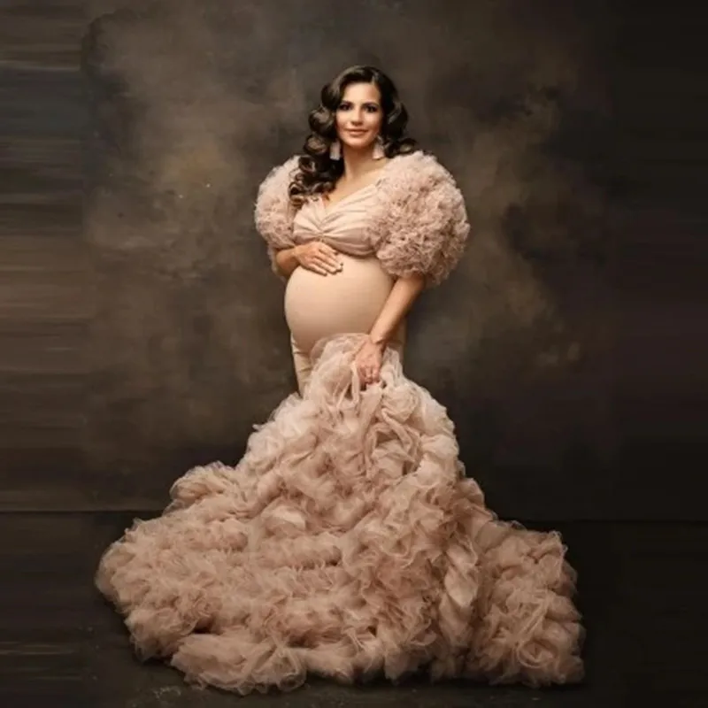 

Extra Puffy Mermaid Maternity Gown Short Sleeves Custom Made Any Color V Neck Ruffles Pleated Plus Size With Train Photo Shoot