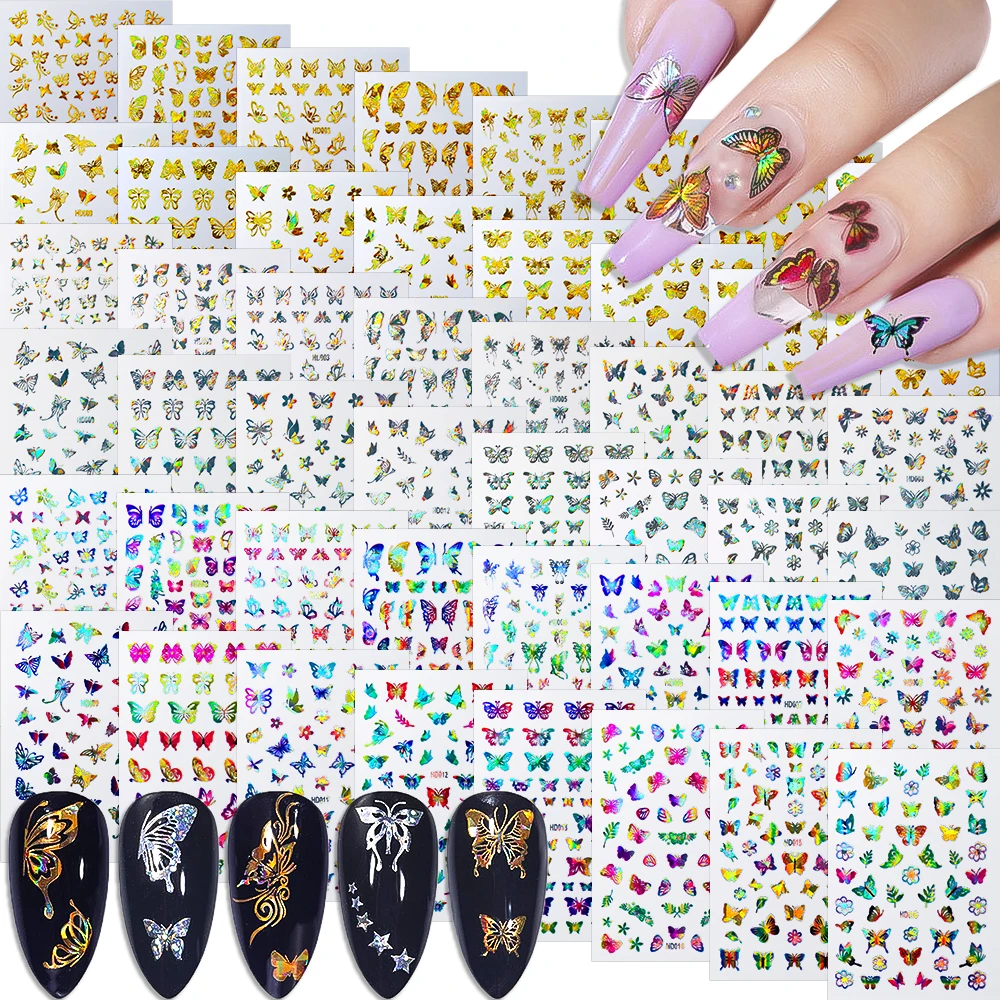 16 Pcs 3D Holographic Butterfly Nail Stickers Laser Gold Colorful DIY Design Decals For Nail Art Manicure Self Adhesive Decor