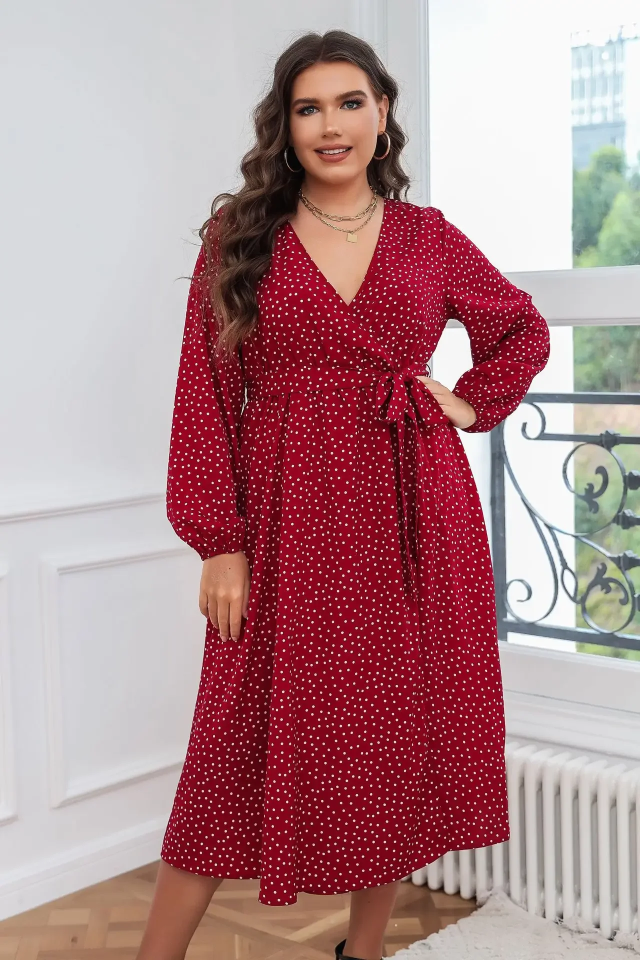 Plus Size Wrap V Neck Dresses Dotted Print Lace-Up Long Sleeves Boho Spring Fall Long Robe A Line Swing Maxi Gown Clothing