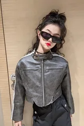 teen Girls motorcycle leather jacket 2023 childrens autumn 4-14 Korean tops coat for girls Casual glossy patent Kids Outerwear