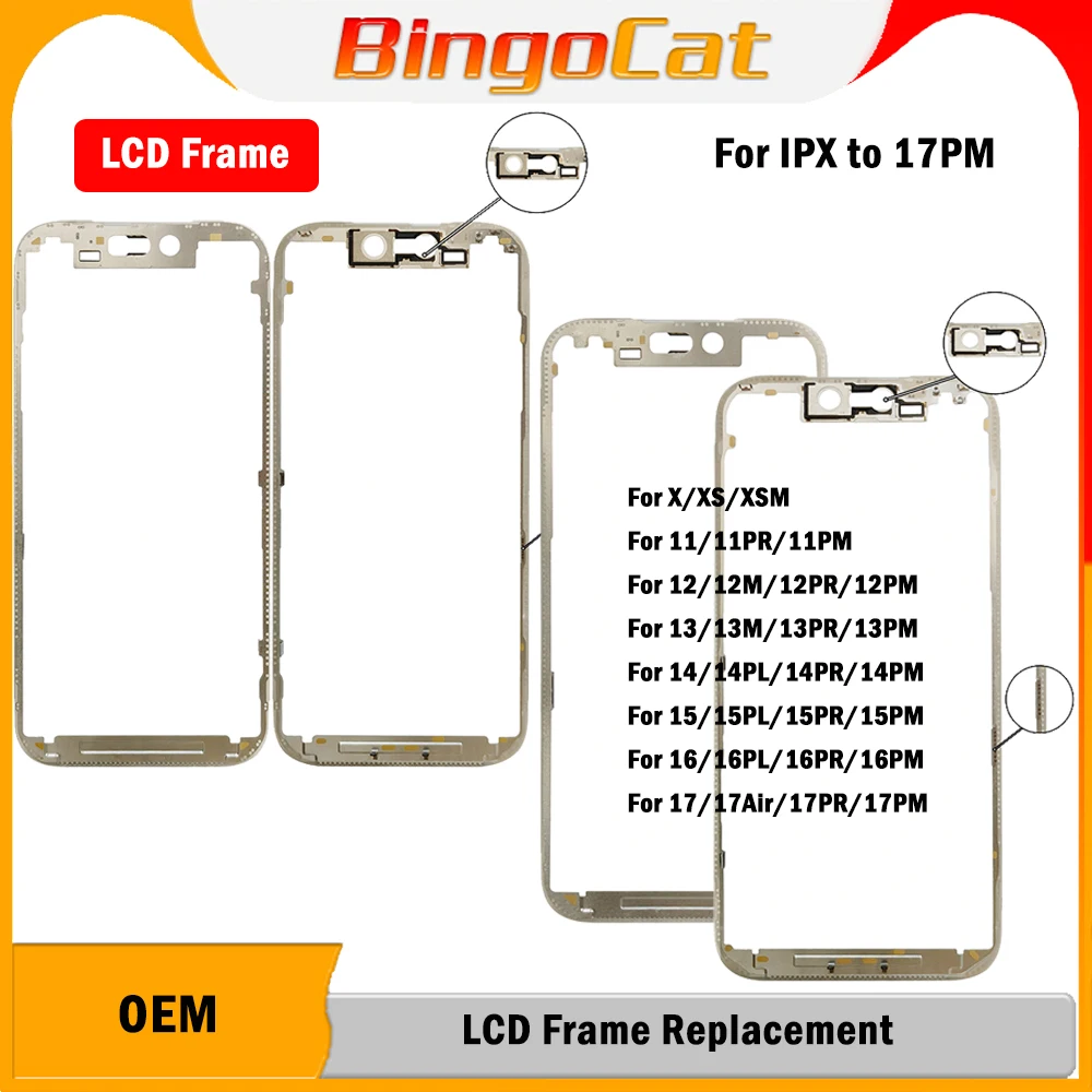 5pcs Novecel 100% OEM Front Bezel Frame with Adhesive Tape for iPhone 17 AIR 12 13 Mini 14 15 16 Pro Max LCD Middle Frame Part