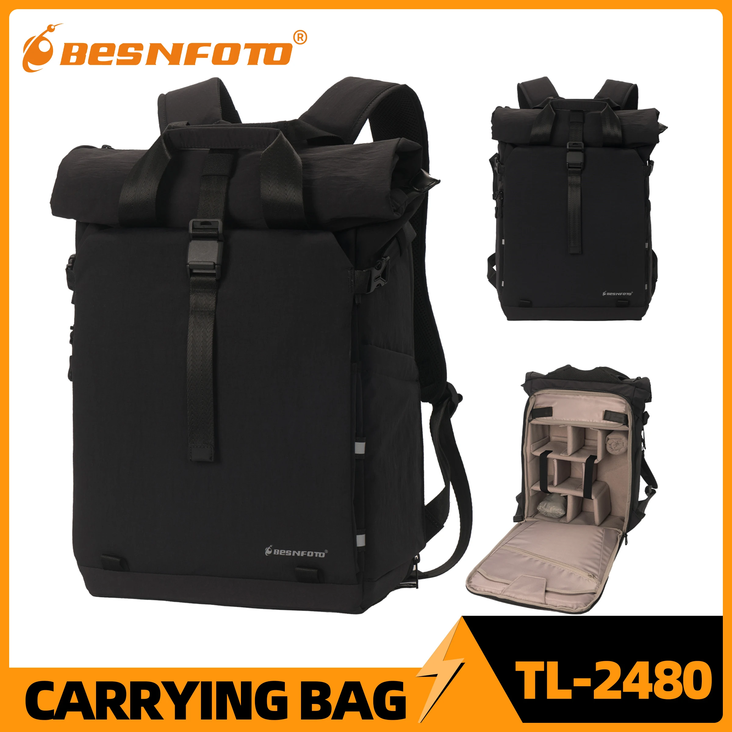 Besnfoto Professional Camera Backpack Waterproof Expandable Roll Top for DSLR Mirrorless Drones Photography Bag Fits 16" Laptop