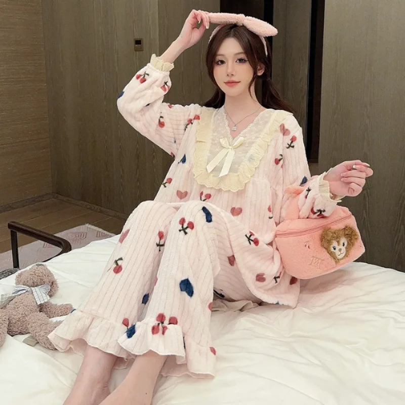 

M-5XL плюс размер, зимняя одежда для сна, женские милые фланелевые утолщенные теплые пижамные комплекты с героями мультфильмов, флисовая милая домашняя одежда в стиле принцессы