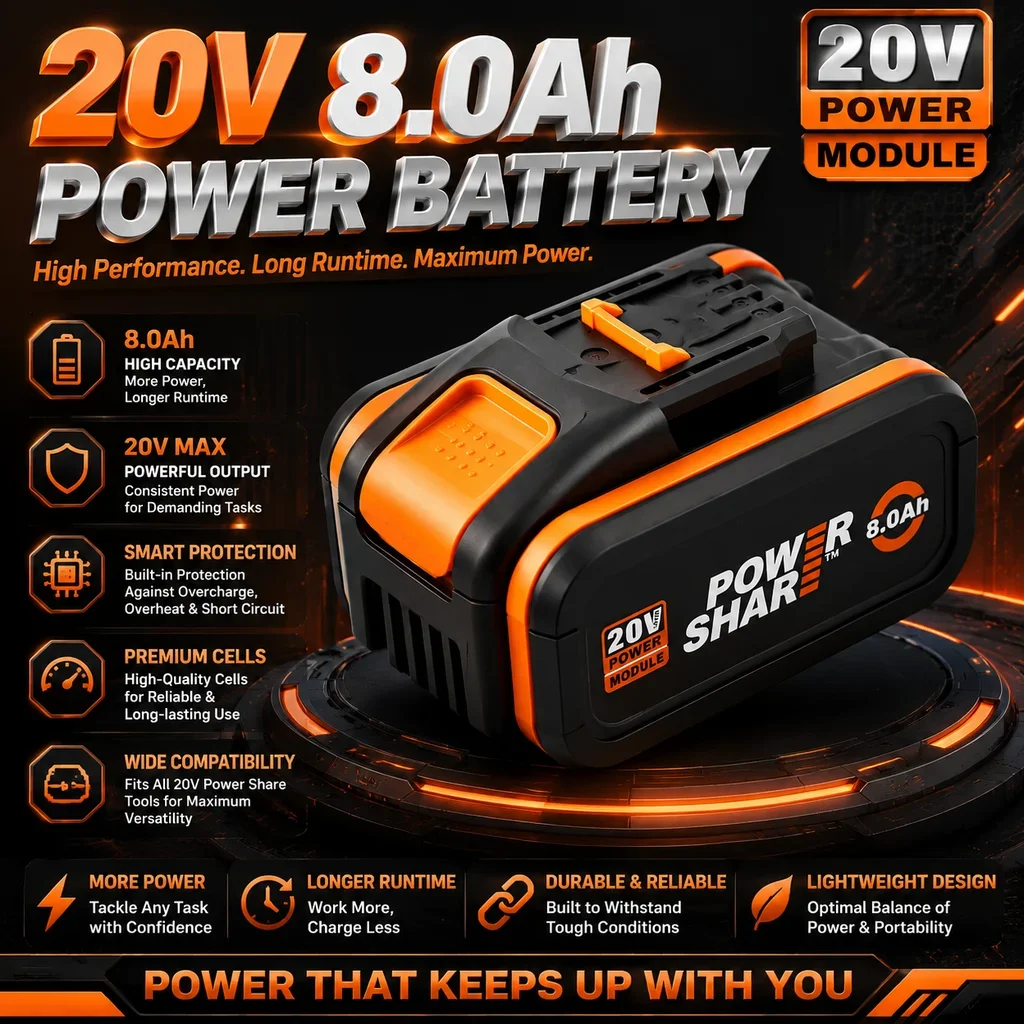 20-V-Ersatzakku mit 8,0 Ah, leistungsstarker Lithium-Ionen-Akku für alle 20-V-Akkuschrauber und -werkzeuge der Power Share-Reihe, mit integriertem intelligenten Schutzsystem und langer Laufzeit.