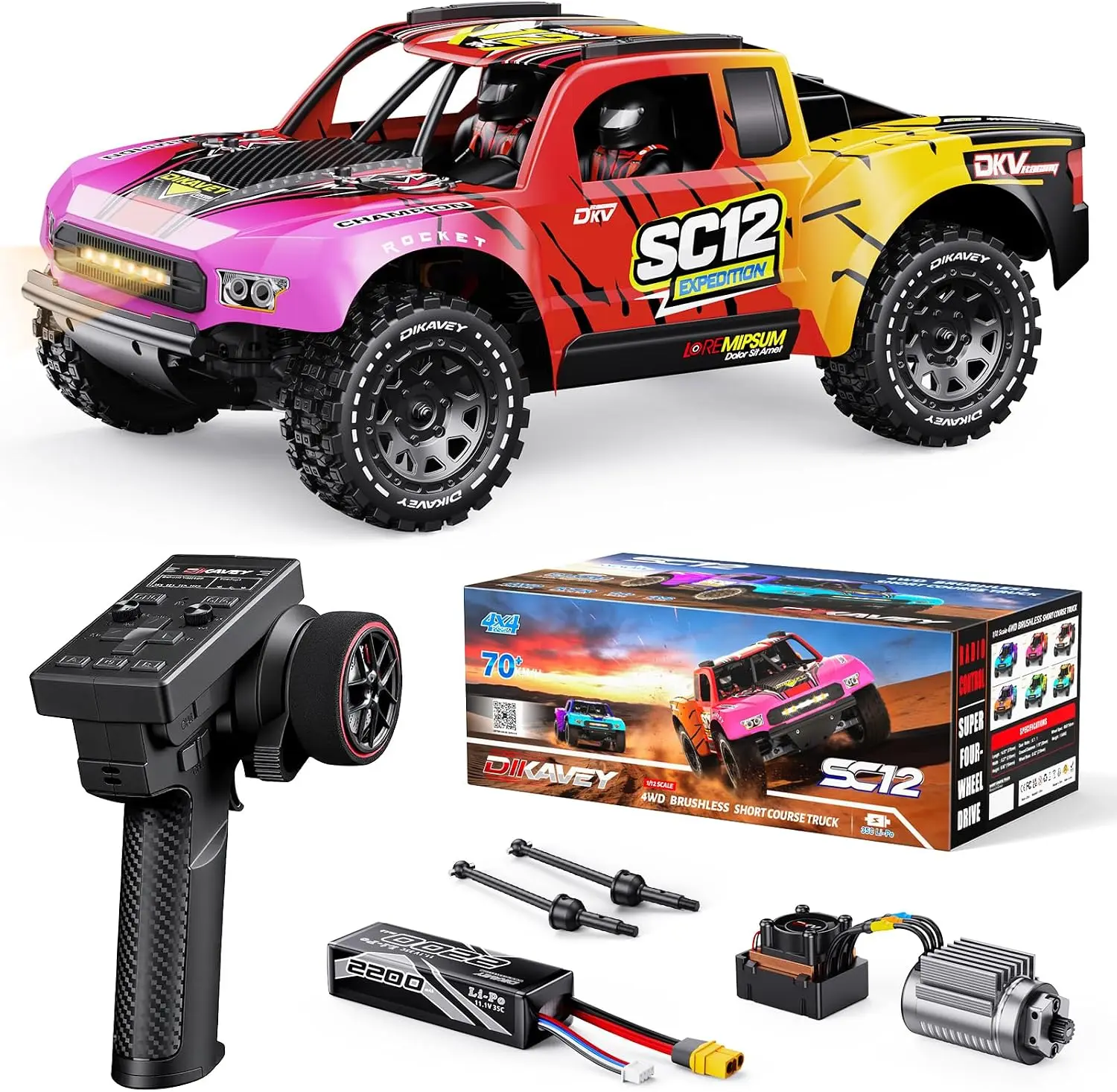 1/12 Scale Brushless RC Car RTR 42 MPH 4WD Short-Course Truck Amature Level Drift Car Equipped with 3S 2200mAh Battery