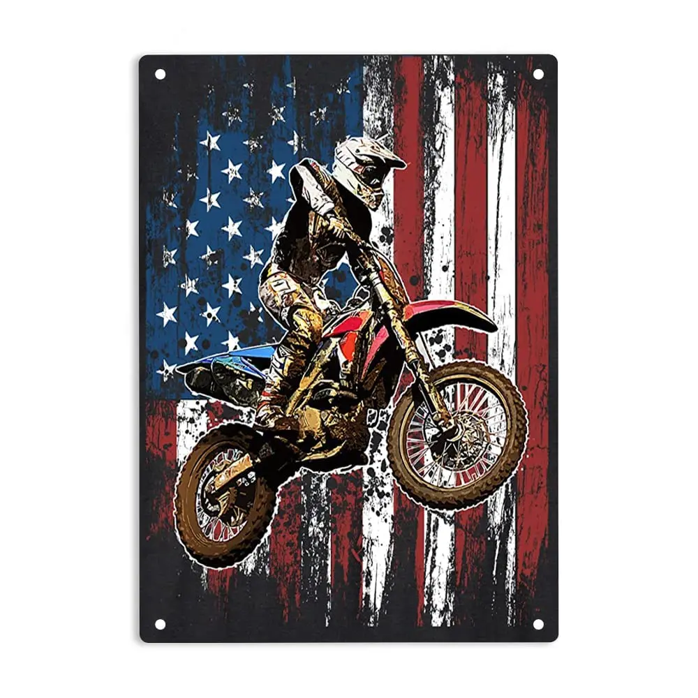 Dirt Bike Racing Motocross Racing American Flag Sign Metal Tin Signs, Racing Motocross Poster for Home/Office/Garages/Bedroom/Ca