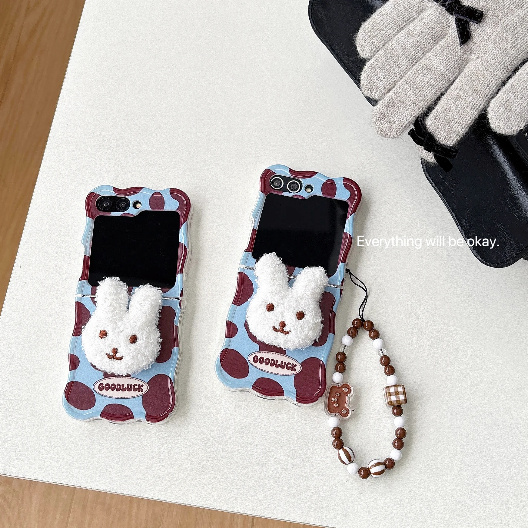 For Samsung Galaxy Z Flip 6 5 4 3 5G F7110 F7070 Luxury Crystal Cute Fur Rabbit Pearl Wrist Strap Wave Phone Case Cover