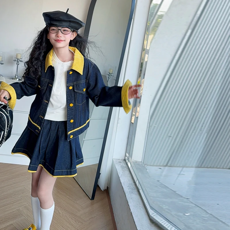 

Girl Clothes Sets Size 4-14Y Kids Top+Bottom Clothing Suit Child Autumn Patchwork Denim Sets Toddle Girl Casual Vintage Fashion